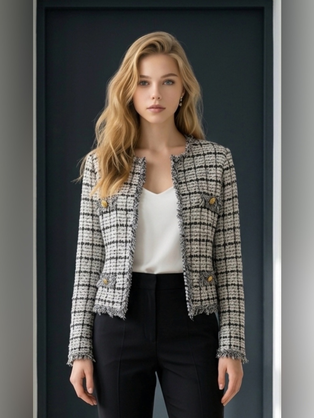 Women’s Tweed Fringe Collarless Jacket - Black & White